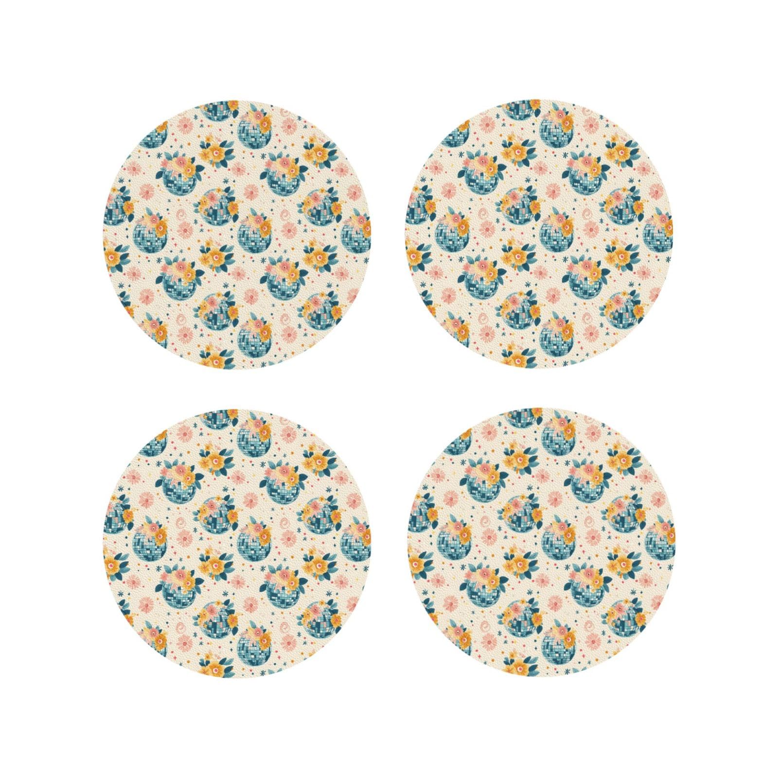 Leather Coasters Set of 4 - Flower Music Ball Print Lightweight Drink Coasters for Desk