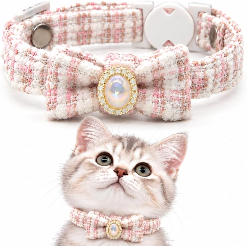 Coleira para Gatos com Laço Rosa, Detalhe Perolado e Fecho Breakaway Ajustável GoldTiger