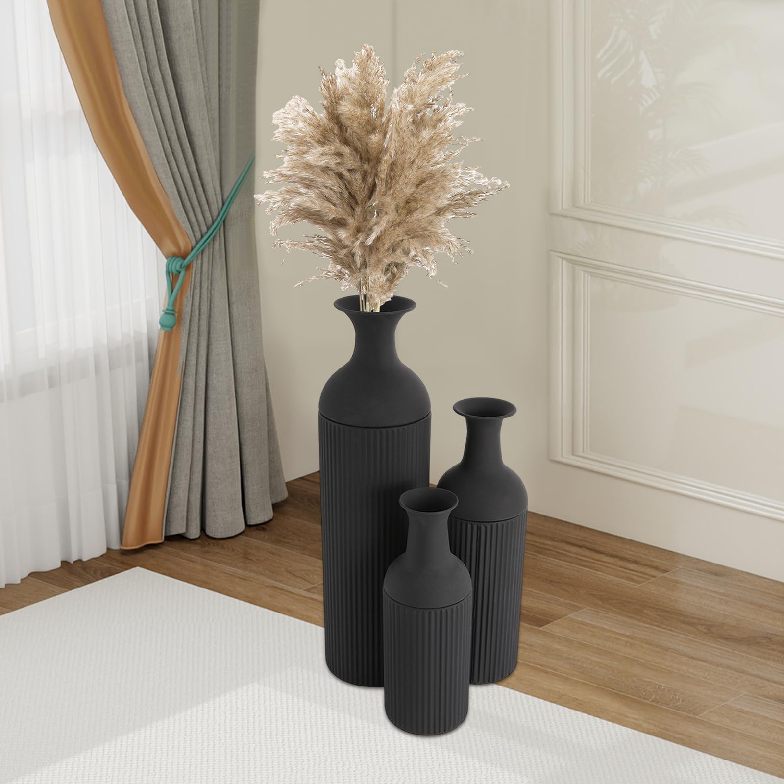 Set di 3 vasi da fiori grandi da pavimento, in metallo, moderno, per soggiorno, camera da letto, sala da pranzo, corridoio, 67/50/40 cm (nero)