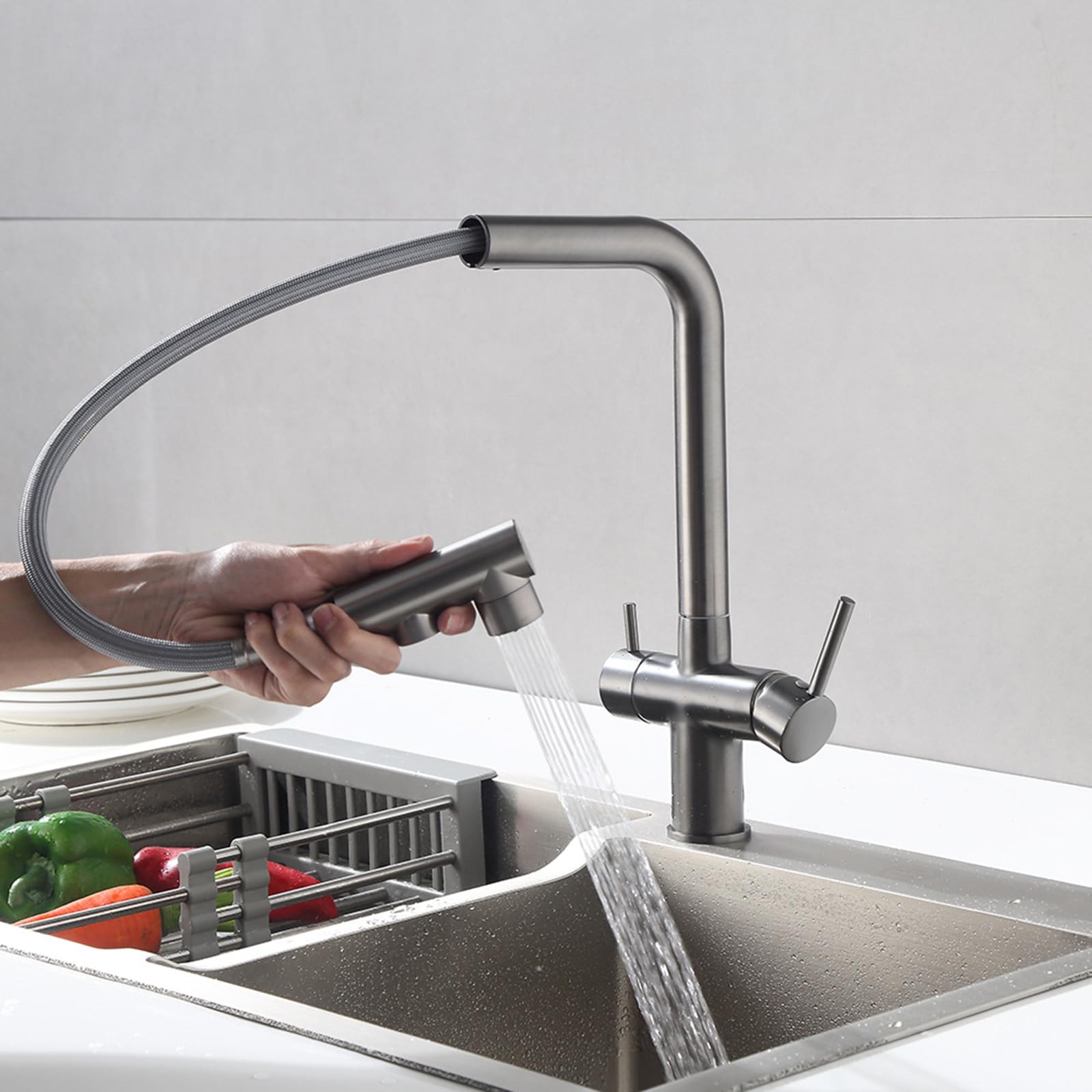 ZQFHSX Pull Out Kitchen Mixer Tap - Brass Swivel Design with 2 Handles Finish