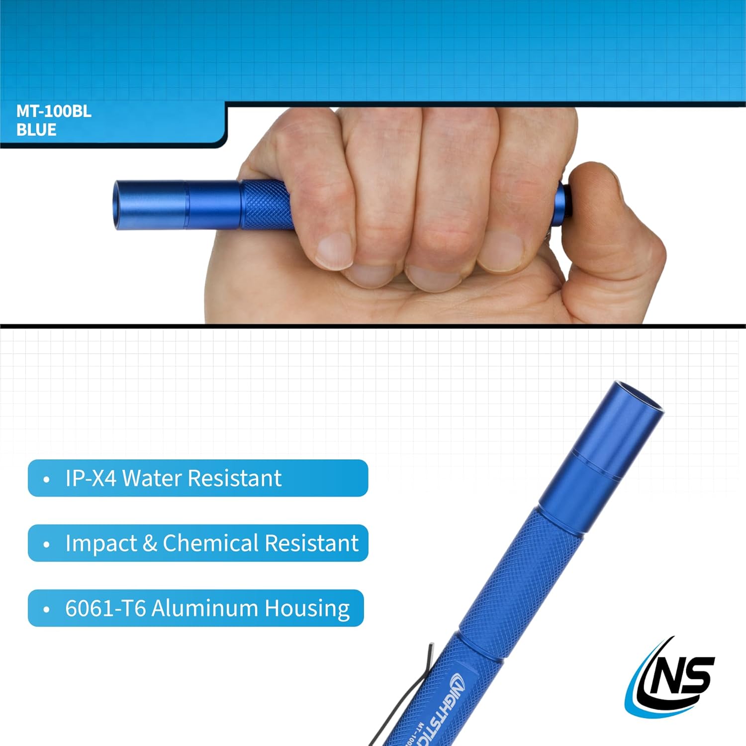 Nightstick MT-100BL Mini-TAC Metal LED Flashlight - 2 AAA, 5.4 in (137 mm), Blue