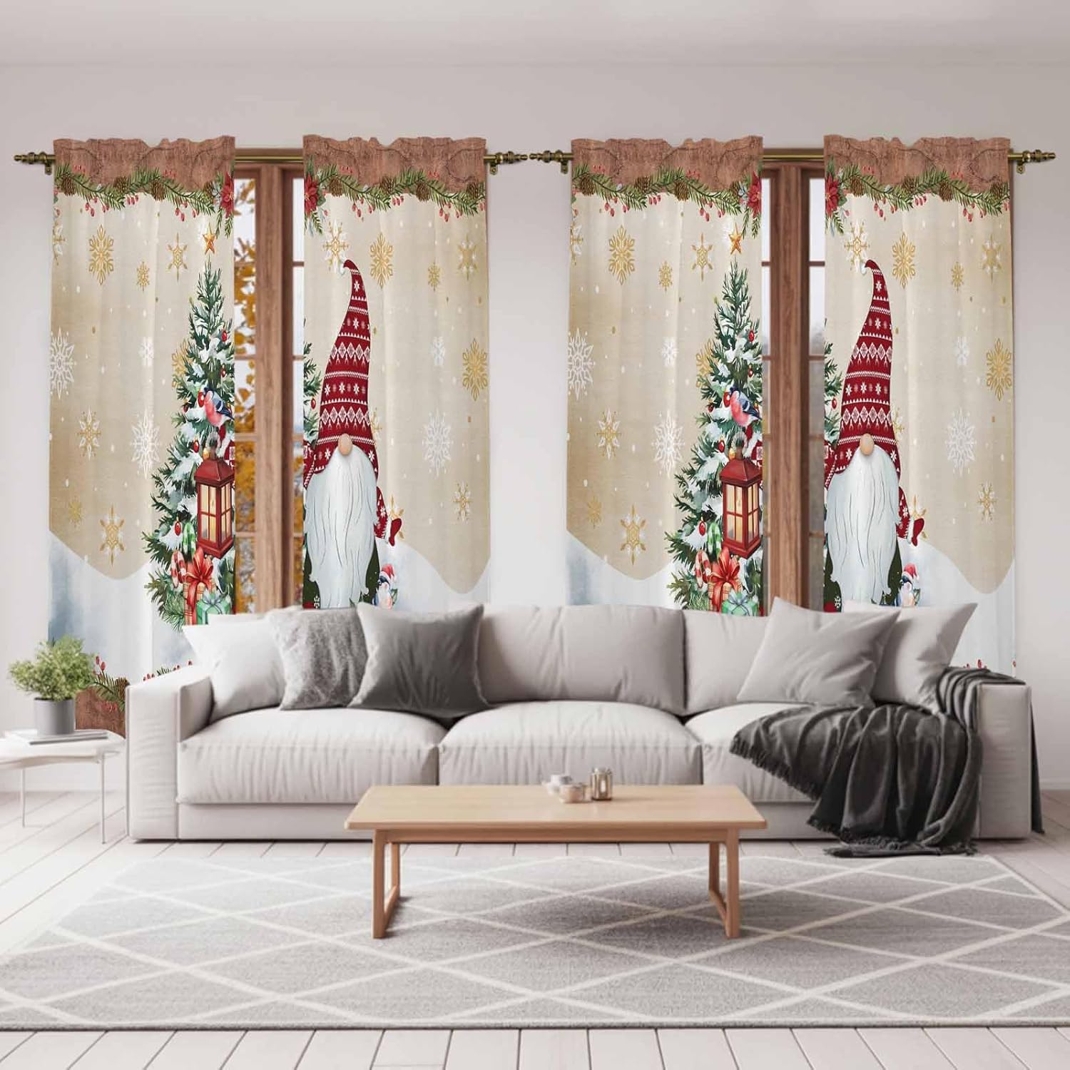Red Christmas Window Curtains 72 Inch Long 2 Panel Set, Rod Pocket Long Curtains & Drapes, Gnomes Xmas Tree Snowflake Gifts Winter Light Filtering Window Treatment for Bedroom Living Room 52"W x 72"L