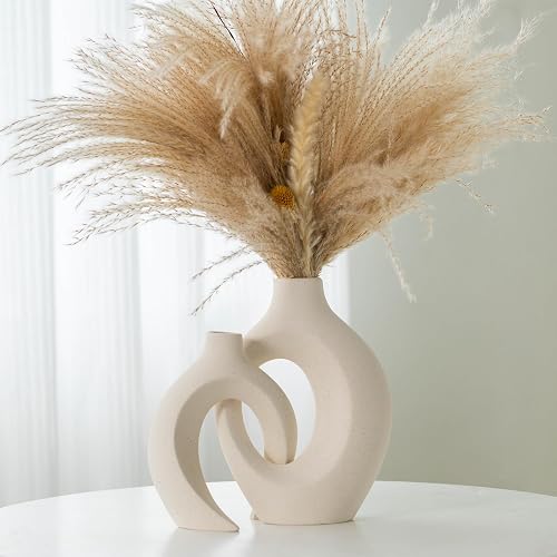 Liotww Ceramic Vases for Home Decor Set of 2, Off White Boho Small Flower Vase, Minimalist Decorative Modern Donut Vase for Living Dining Room Office Entryway Book Shelf Coffee Console Table Décor