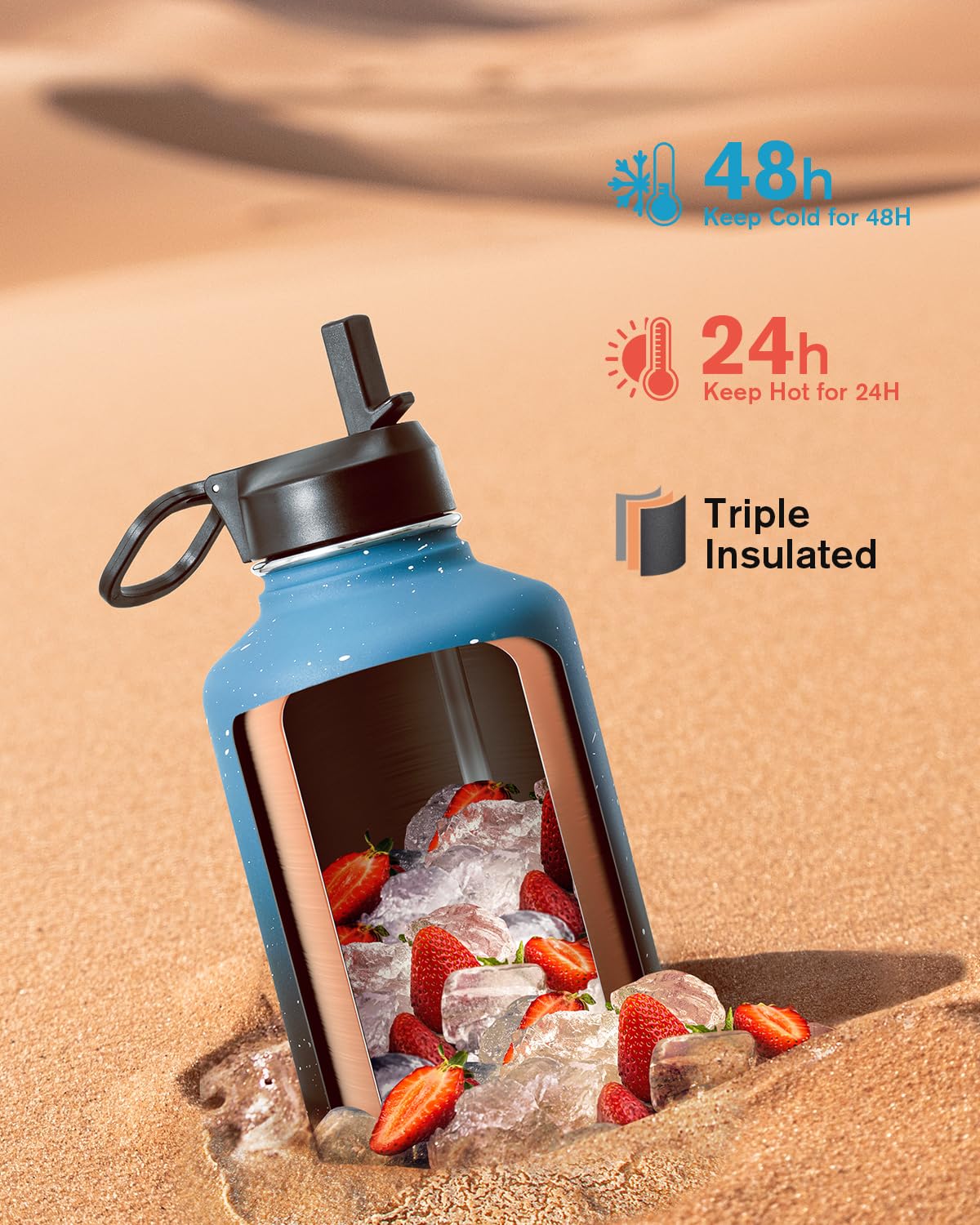 Coolflask Botella de agua de 64 onzas aislada con popote y 3 tapas, jarra de agua de medio galón, termo grande de metal de acero inoxidable para gimnasio, deportes y viajes, mantiene el frío 48 horas