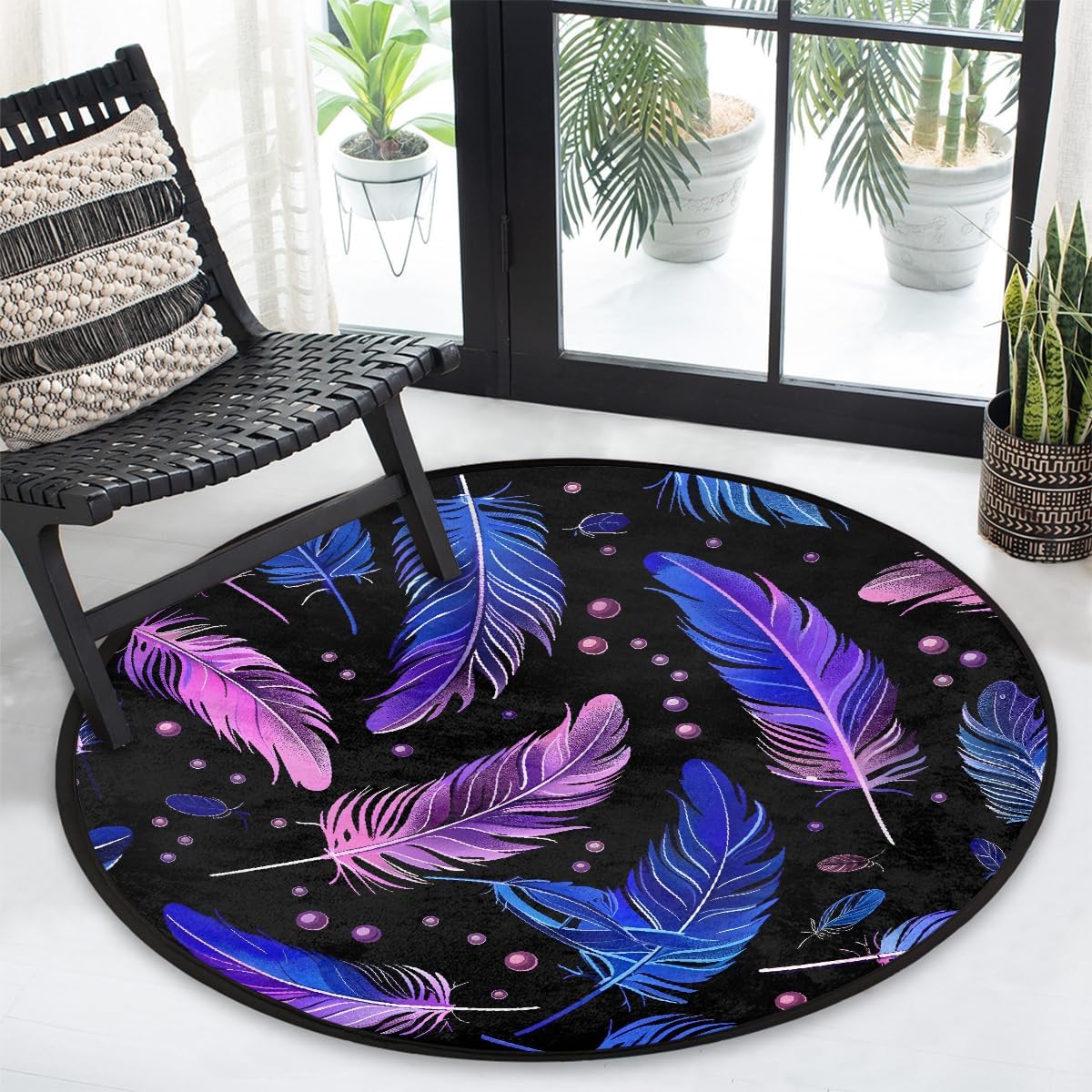 3 Ft Round Area Rug Purple Abstract Feather Small Washable Non-Slip Circle Mat Absorbent Floor Carpet Indoor Ntryway Circular Rug for Kitchen Living Room Bedroom Kids Nursery Sofa Decor
