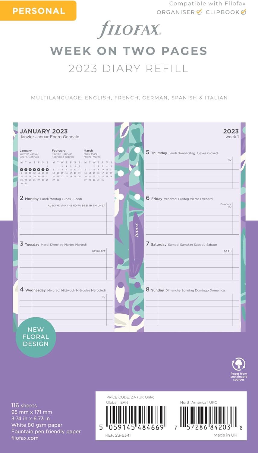 Filofax Personal Illustrated Floral Week on 2 Pages 2023 Diary Pack (23-6341)
