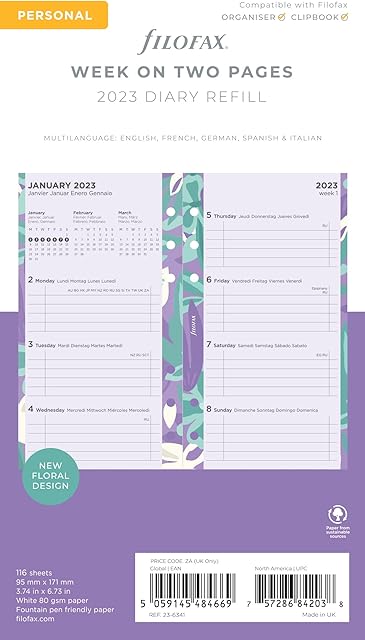 Filofax Personal Illustrated Floral Week on 2 Pages 2023 Diary Pack