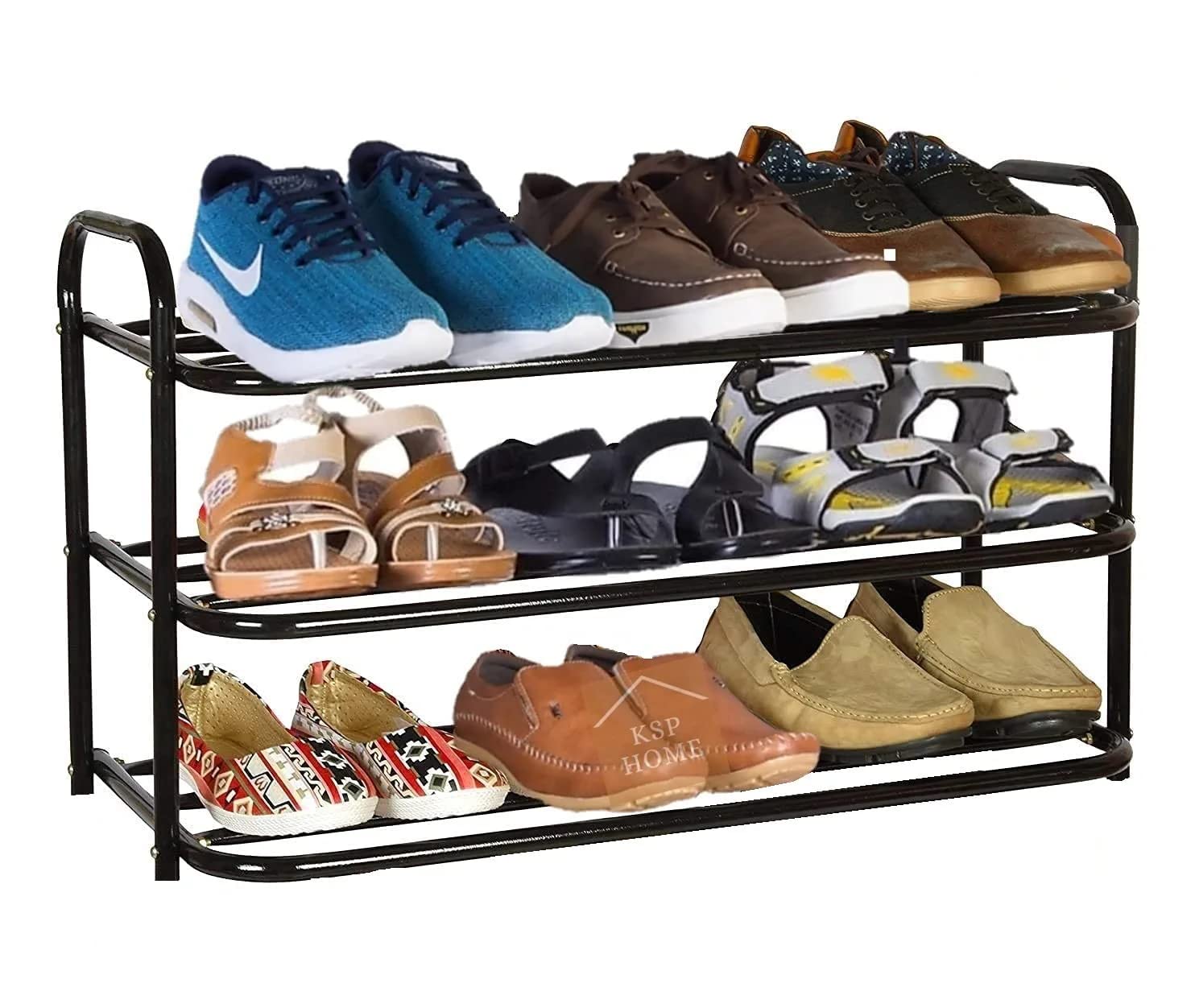 KSP HOME Heavy Metal Shoe Rack (3 Shelves) Foldable Open Book Shelf, Book Shelve, Shoe Rack, Shoes Storage Rack for Home Shoe Stand Shelf Big (60 * 45 * 25 cm) (Black)