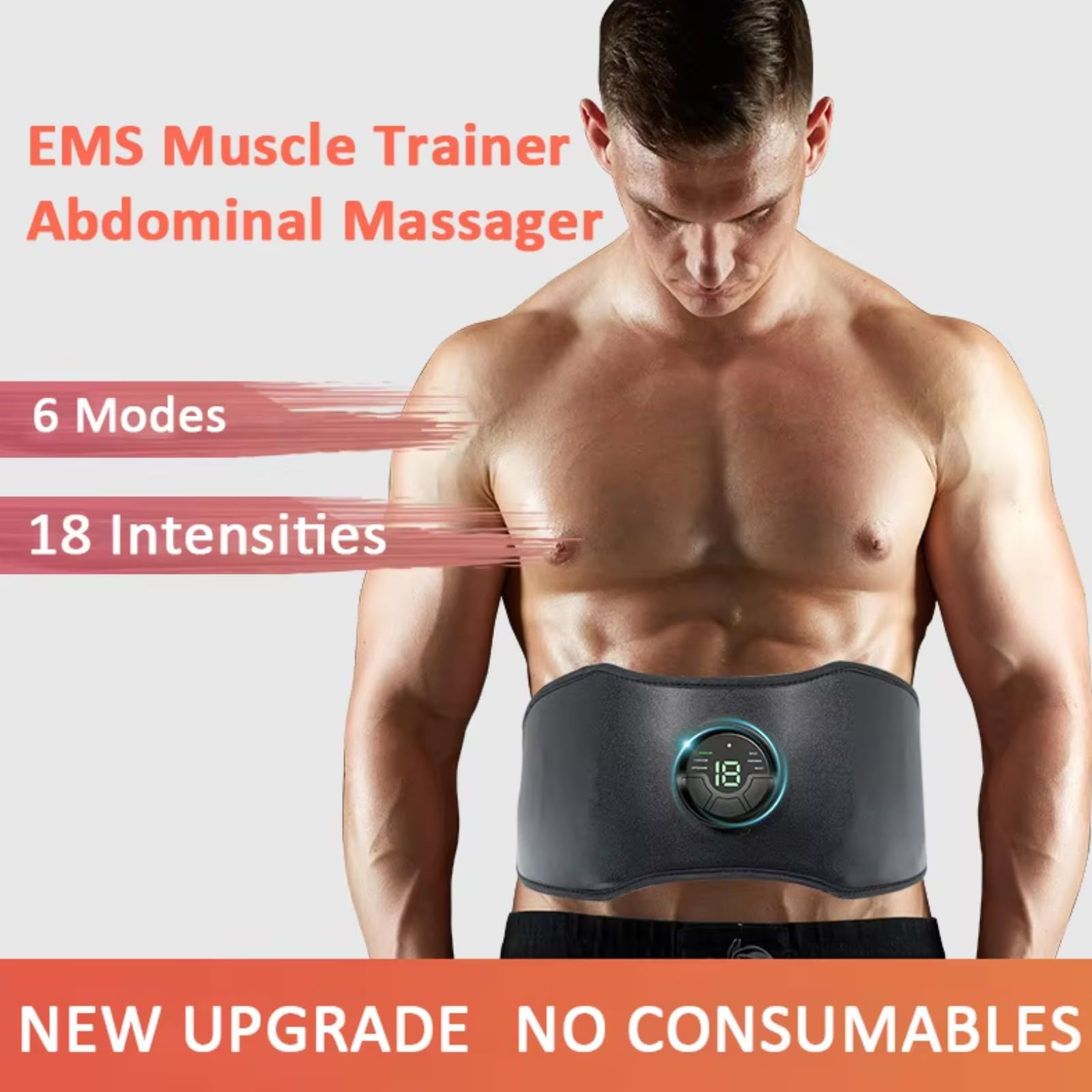 Cinturón EMS para abdominales y core | 6 modos, 18 niveles de intensidad, cinturón tonificador abdominal ajustable de 118 cm | Equipo de fitness para el hogar recargable por USB para mujeres y hombres