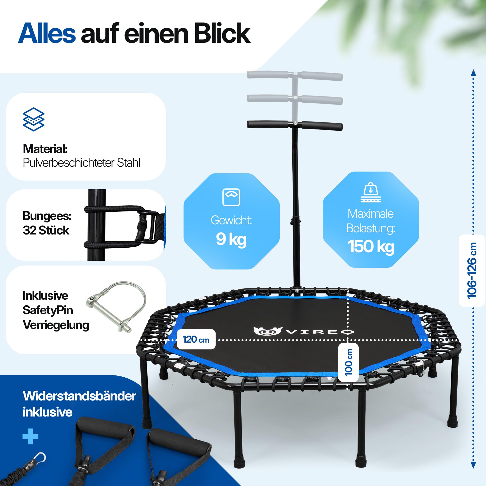 VIREO Fitness Trampolin Indoor Erwachsene [Klappbar & Stabil] mit Haltegriff – Mini Trampoline Ø 102 cm bis 150 kg, Leise & Gelenkschonend, Jumping Fitness & Sprung für Zuhause inkl. Widerstandsbänder