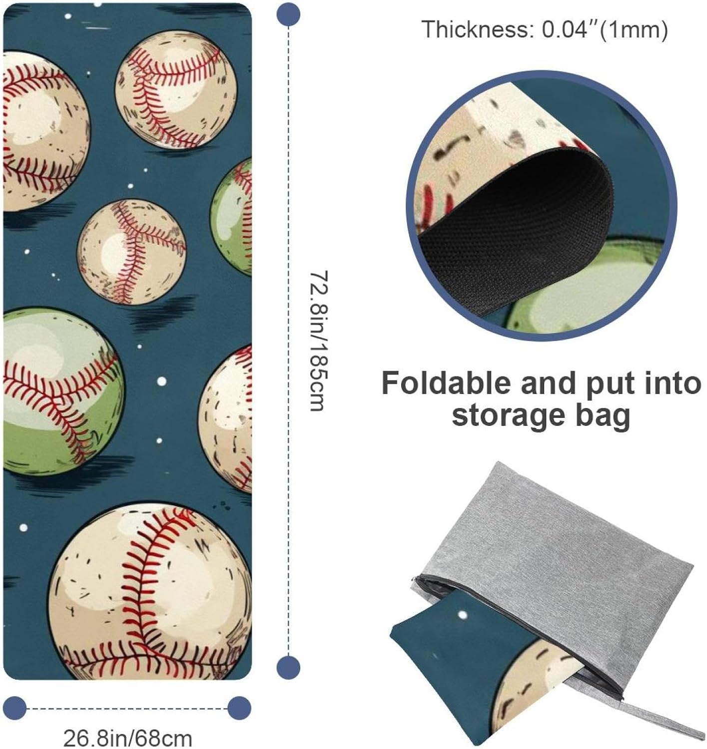 Yoga Towel, Baseball Pattern Non Slip Sweat Absorbent Hot Yoga Mat Towel for Hot Yoga, Pilates and Fitness - 72.8" x 26.8"