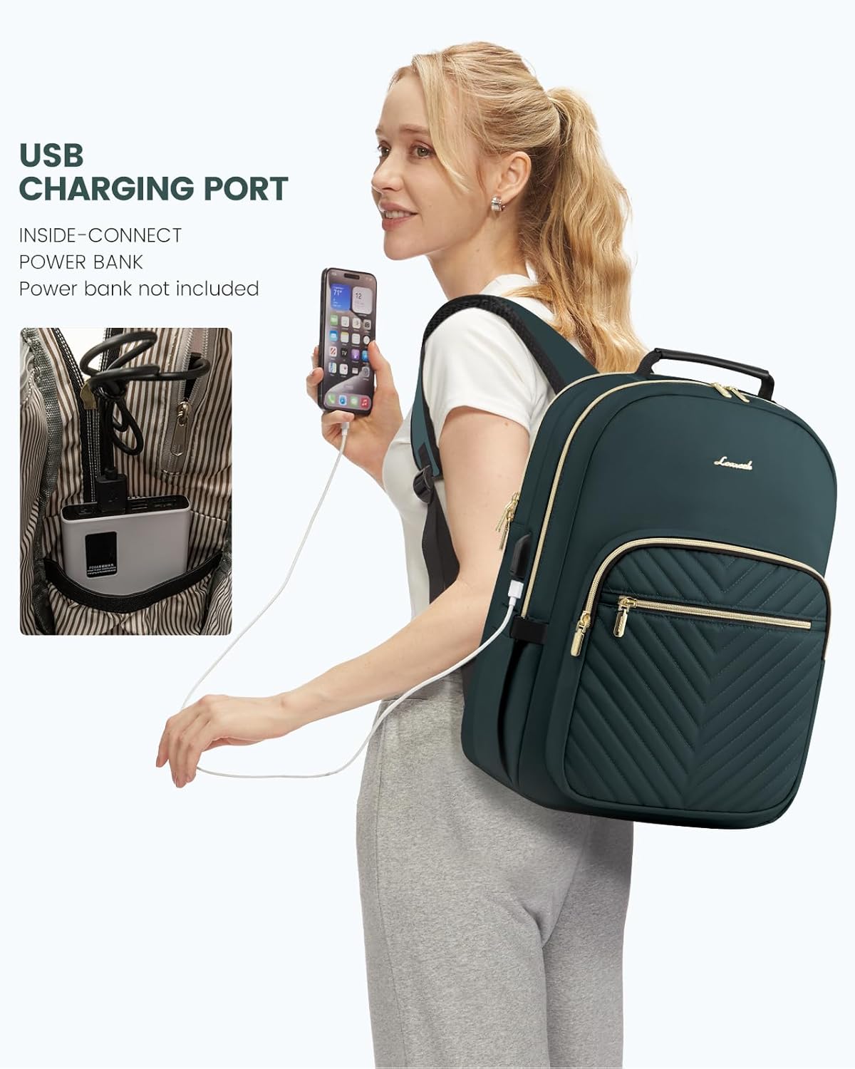 LOVEVOOK Laptop Backpack Purse for Women, Work Business Travel Computer Bags, College Nurse Backpack for Womens, Quilted Casual Daypack with USB Port, Fit 15.6 Inch Laptop, Deepgreen