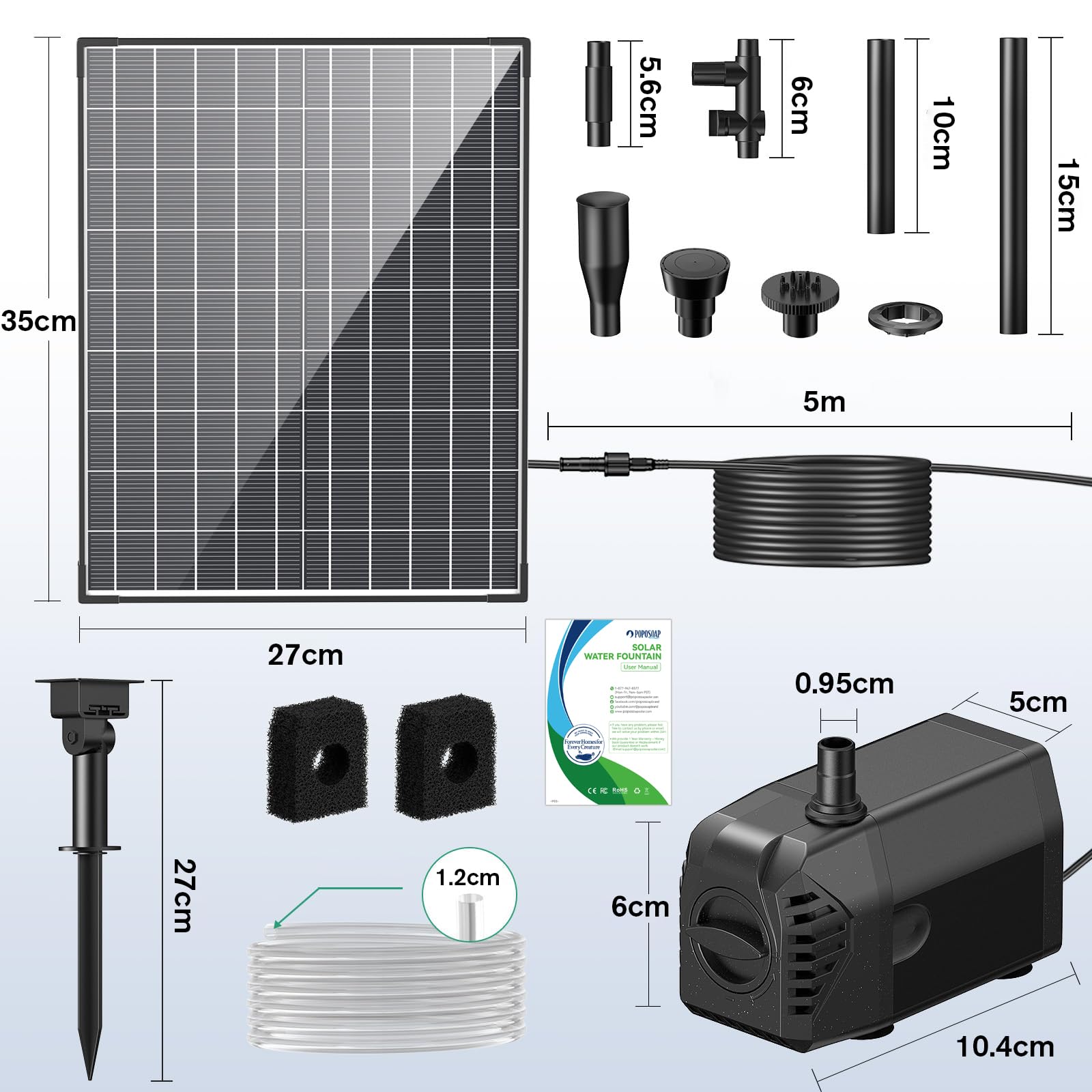 POPOSOAP Bomba solar para estanque de 20 W, 1000 L/h con flujo ajustable, cable de 5 m, bomba de agua solar antiobstrucción para exteriores, jardín, estanque, características del agua