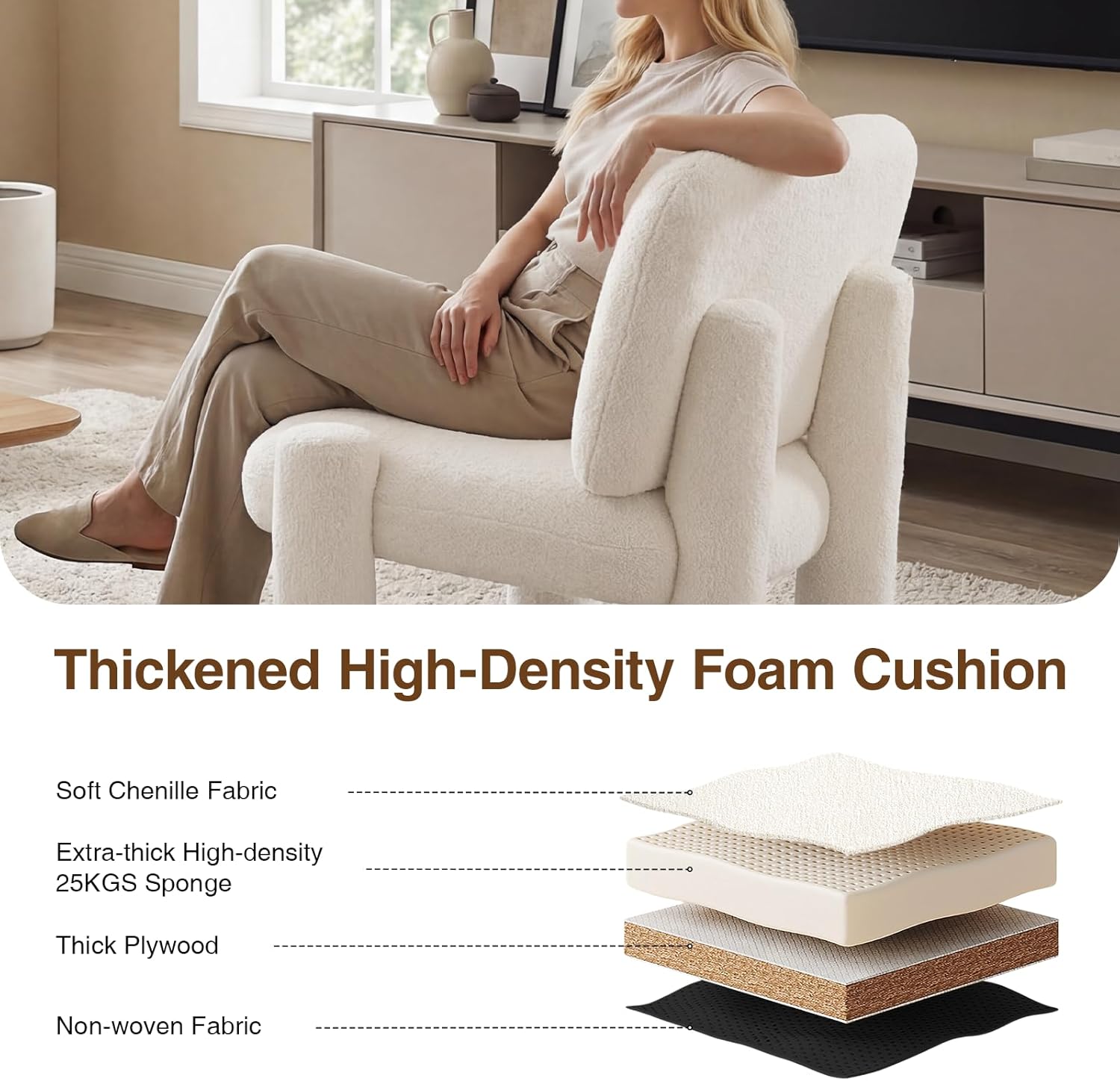 Wahson Modern Beige Accent Chair, Chenille Fabric Upholstered Single Sofa with Padded Back & Solid Wood Legs, Comfy Reading Chair Side Chair for Living Room/Bedroom/Corner, Areless