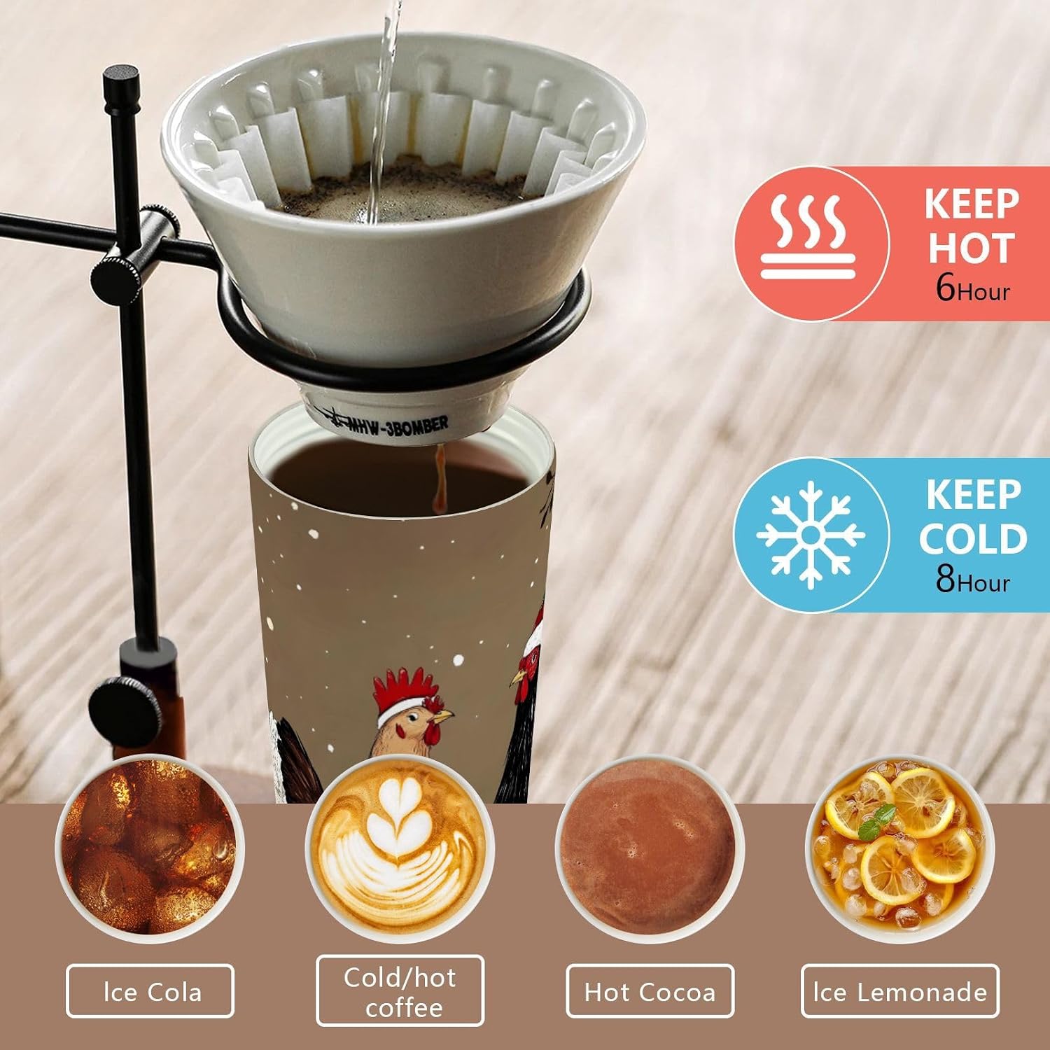 Chicken Christmas Hat Funny Insulated Coffee Mug with Straw & Flip Lid, 16.9oz Iced Tumbler Cup, Double Wall Vacuum Leak-Proof Mug for Travel Office