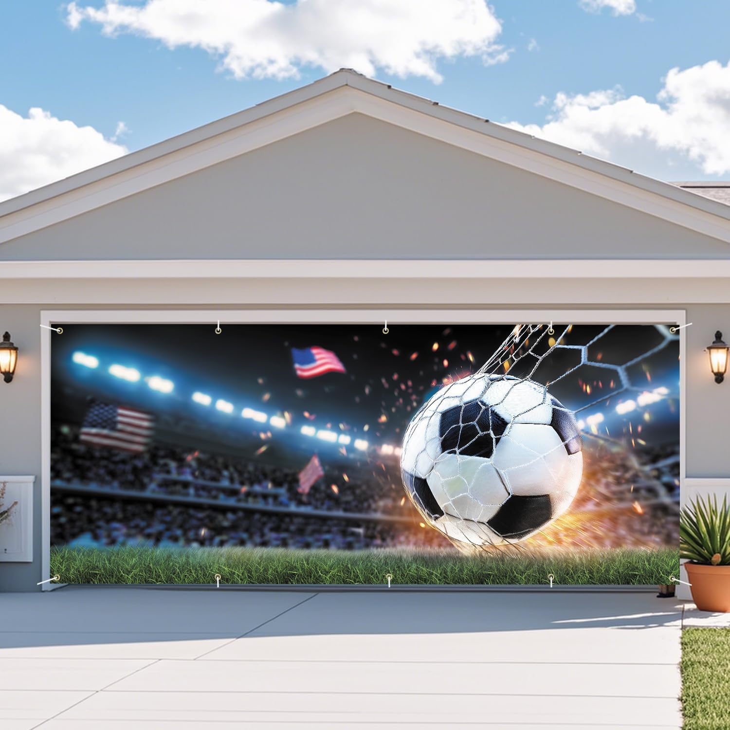 Soccer Goal Garage Door Banner 7x16FT, Football Net Goal Scene Garage Door Cover, Sports Party Outdoor Garage Decorations for Yard Fence Event Backdrop
