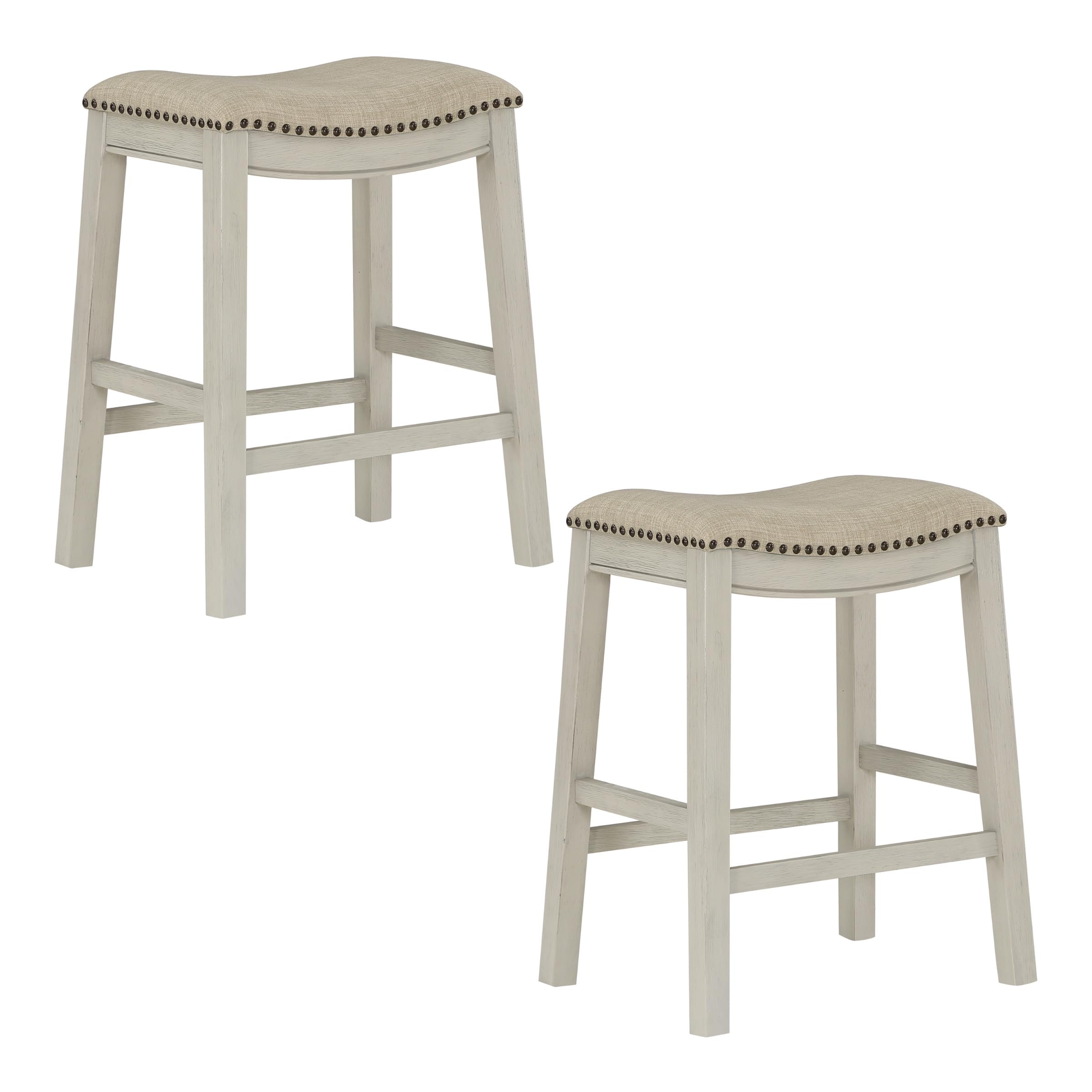 OSP Home Furnishings Metro Farmhouse Saddle Stool with Nailhead Trim, 2-Pack, 24-inch Counter Height, Whitewash Frame with Biege Fabric