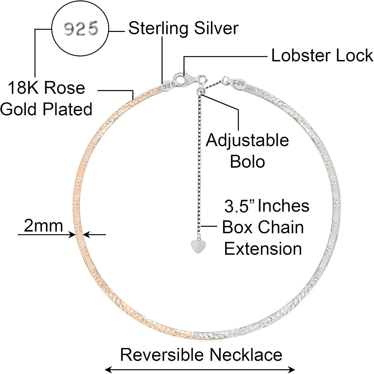 Savlano 925 Sterling Silver 2MM, 4MM Diamond Cut Omega Reversible Necklace - 18K Gold Plated 2-Sided Adjustable 14-17.5 Inch Necklace for Women - Made in Italy