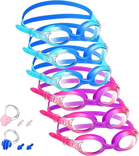Macarrie 6 gafas de natación para niños, sin fugas, antiniebla, para niños y niñas, con clip para la nariz, tapones para los oídos, de 3 a 14 años