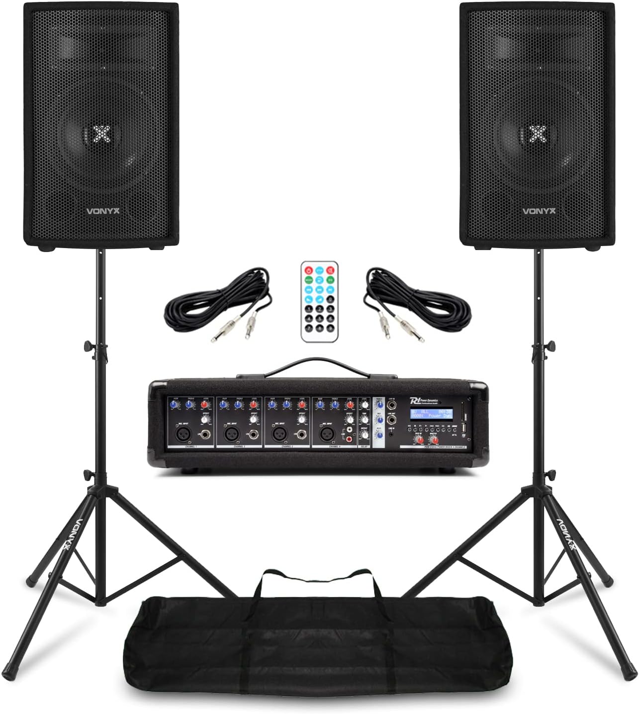 Band PA System Package with 2x Vonyx SL8 8-Inch Passive Speakers, 4-Channel Mixer Amp, Tripod Stands and Cables – Portable PA System for Bands, Churches, Singers, DJs, Small Gigs, Rehearsals, Schools