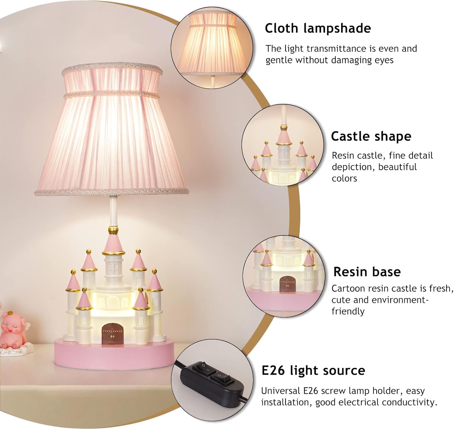 Cartoon Kids Castle Shape Resin & Fabric Shade Table Lamp - Pink, Modern, Cute for Girl's Room, Bedroom, Nursery & Living Room