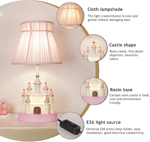 Miniatura 4 de PURESILKS - Lámpara de mesa de dibujos animados para niños, lámpara de noche de castillo rosa, moderna princesa, linda forma de castillo, cuerpo de