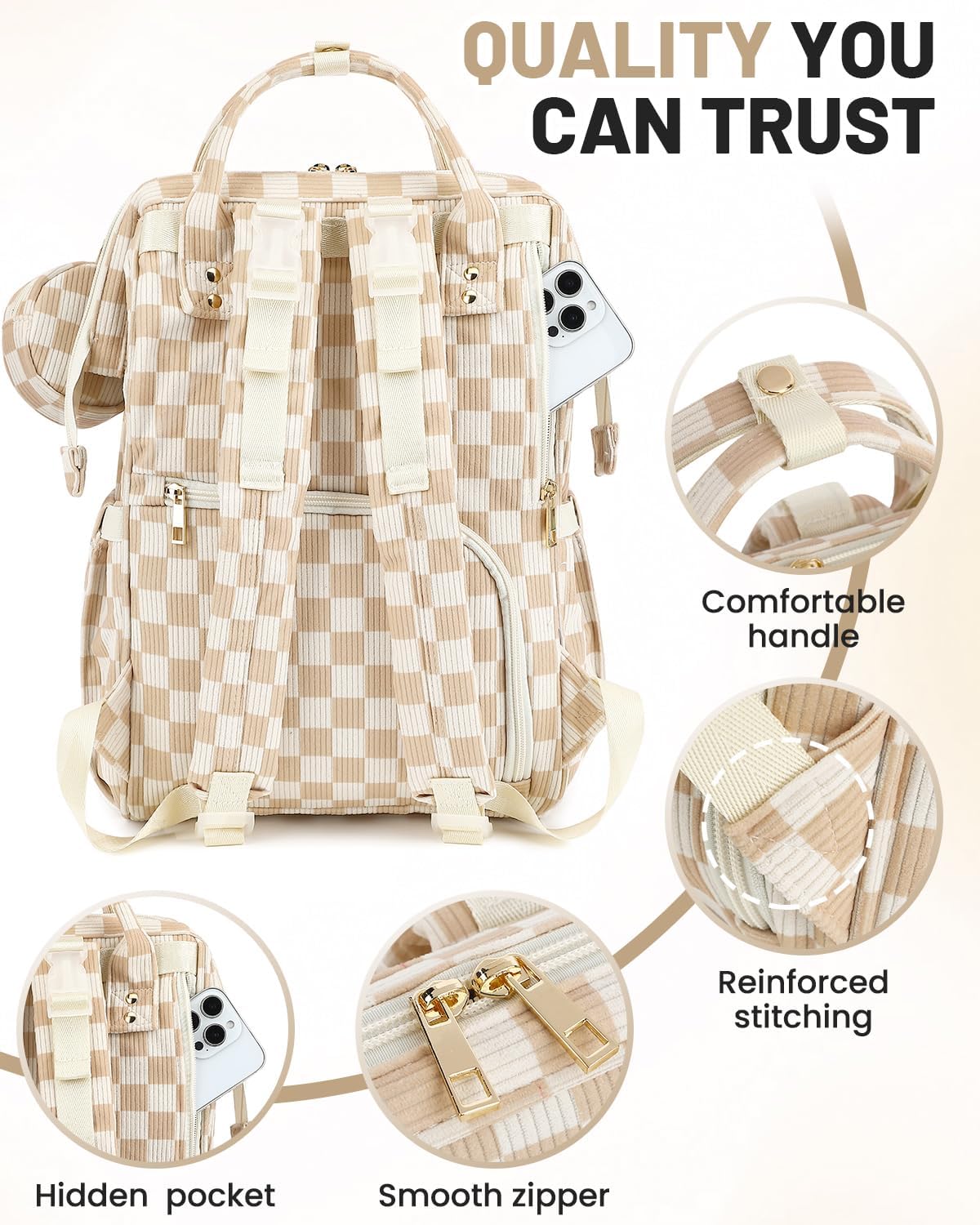 Corduroy Diaper Bag Backpack, Large Capacity Multifunction Baby Diaper Bags for Women, Insulated Bottle Pockets & Pacifier Case, Stylish Travel Nappy Changing Bags for Mom Dad (Checkered Brown)