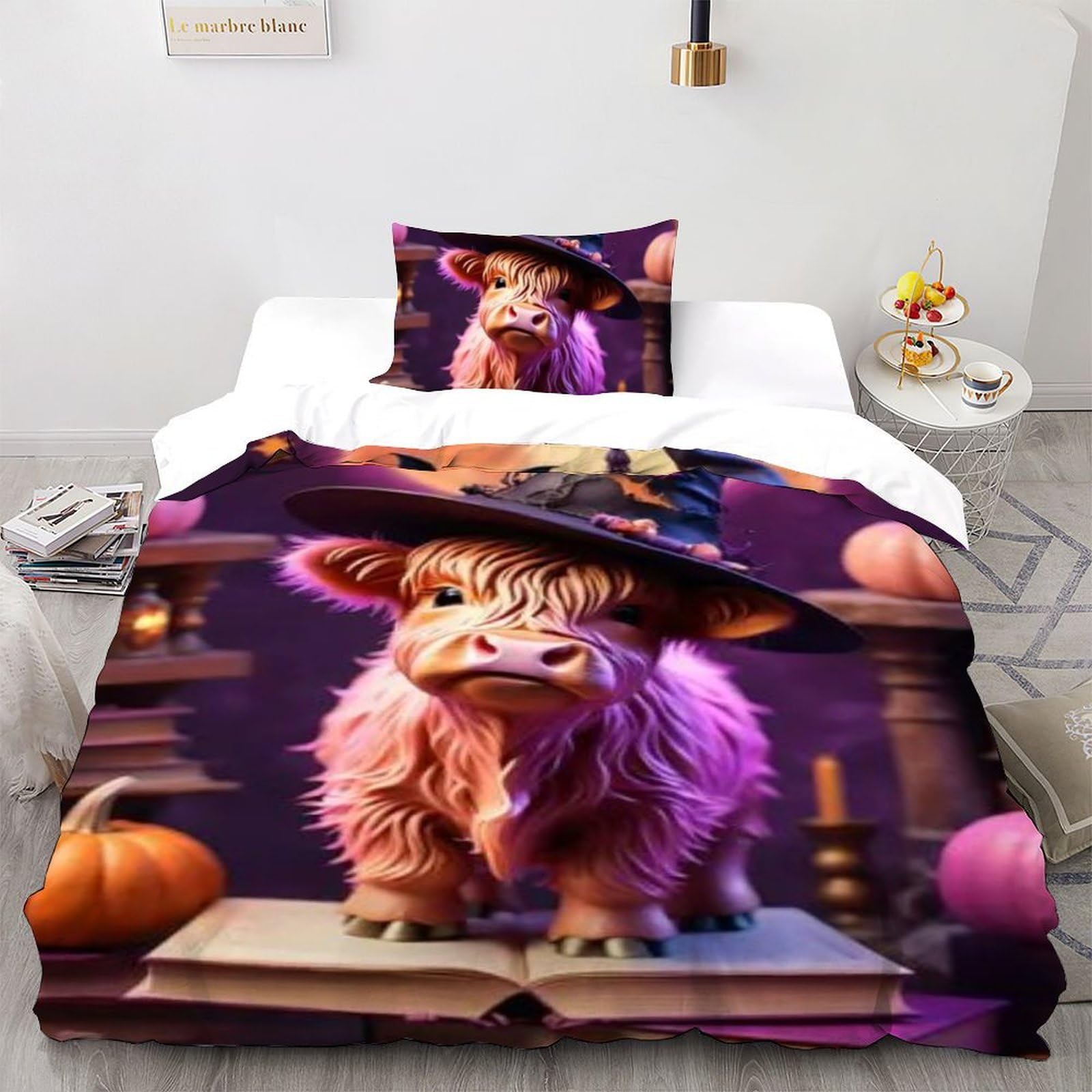 LOVEROGD Highland Cattle Bedding Set Theme Bedspread Animal Themes Domesticated Animals Duvet Cover Set Microfiber Comforter Cover Suitable for Family,couple,children with Pillow Single（135x200cm）