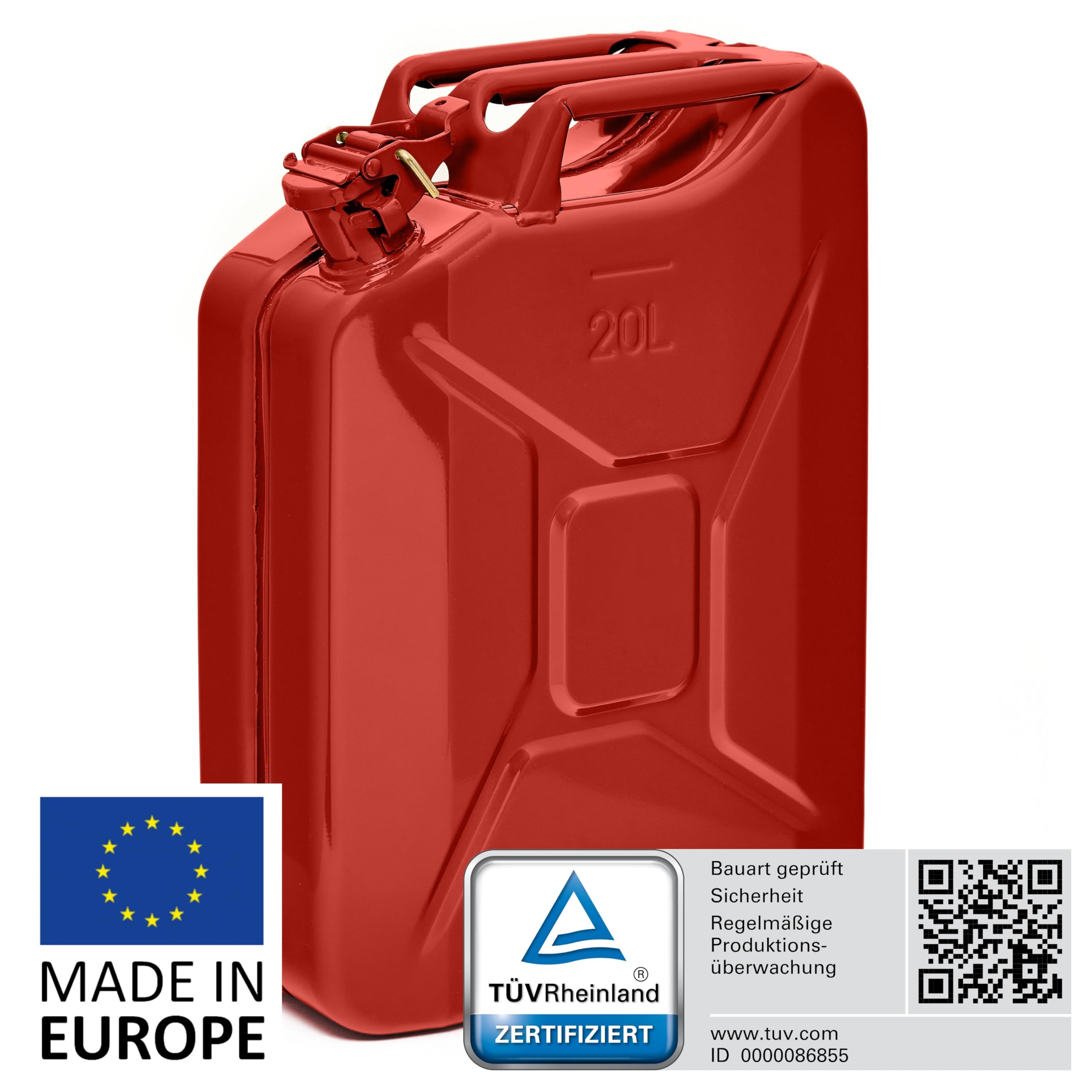 BW© Tanica per carburante in metallo, 20 litri, colore rosso, RAL 3000, certificata TÜV e approvazione ONU, Made in Europe
