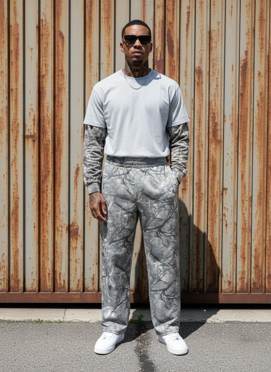 Men’s Lightweight Fleece Camo Sweatpants Loose Fit Warm Jogger Pants with Pockets for Fall Winter