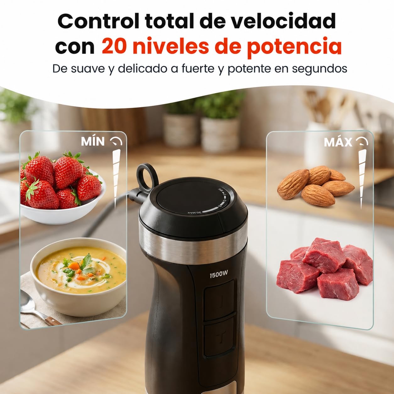 BlendFlex da 1500 W Frullatore a immersione – Frullatore in acciaio inossidabile con 20 velocità e funzione turbo, incl. misurino da 600 ml – Frullatore a immersione per frullati