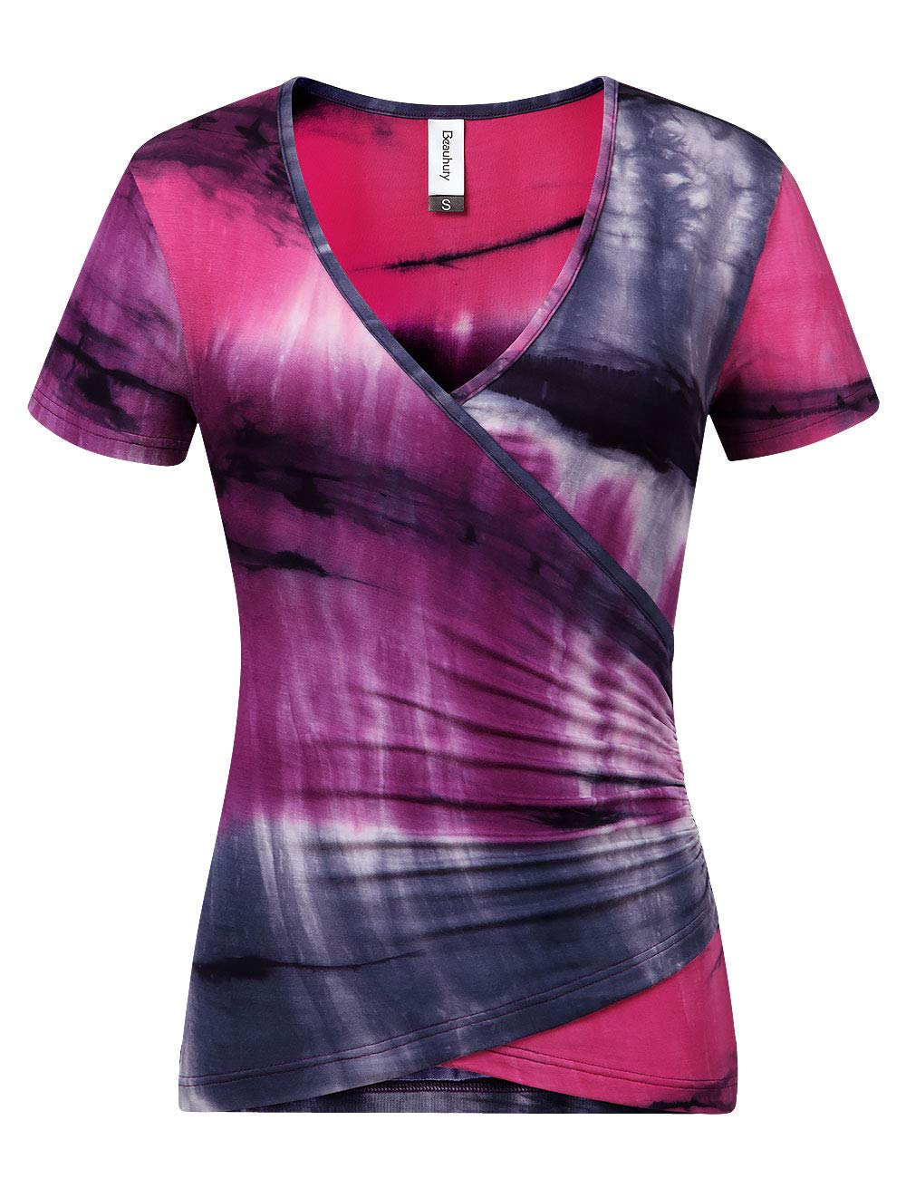 Beauhuty Women's Top Deep V Neck Slim Fitted T-Shirt Front Wrap Ruched Short Sleeve Tee