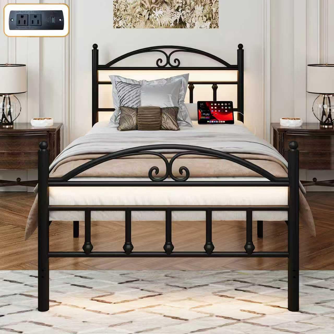 Twin Size Bed Frames with Charging Station,Black Metal Platform Bed Frame with LED Lights,Heavy Duty Metal Steel Slats Support,No Box Spring Needed,Noise Free,Easy to Assemble