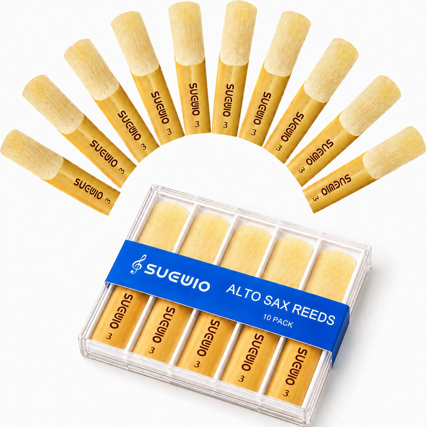 SUEWIO Alto Saxophone Reeds 10 Pack, Strength 3.0, Traditional Alto Sax Reeds with Portable Case, Thinner Reed Tip &amp; Unfiled Cut Design, Reeds for Experienced Alto Saxophone Players