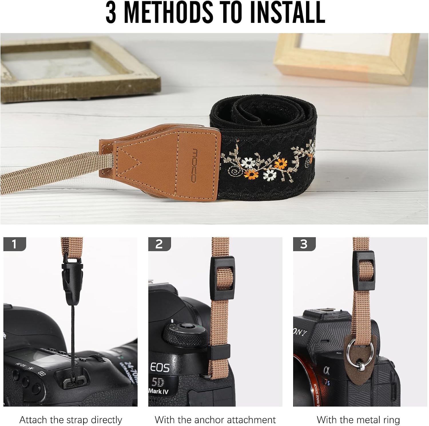 MoKo Camera Strap, Cotton Vintage Embroidered Camera Strap, Adjustable Neck & Shoulder Straps for Video Camcorder, Binoculars, Applicable to Canon/Fuji/Minolta/DSLR Digital Cameras, Black Plum Blossom
