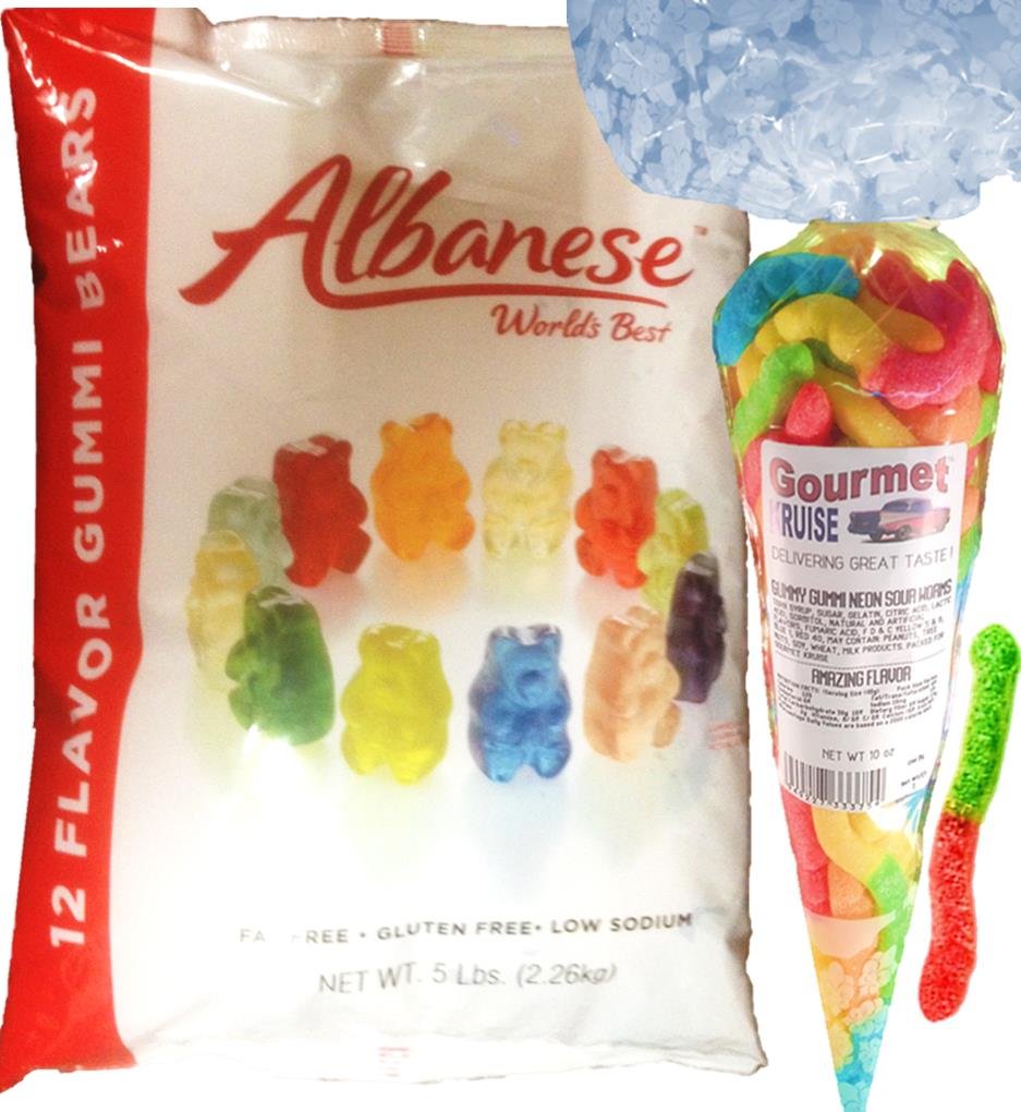 Gummi Gummy Bears Albanese 12 Flavors-Bulk Candy 5lb Bag With Neon Sour Worms Gourmet Kruise Signature Gift Bag 10 OZ (NET WT 5 LBS.10OZ) 2 Item Bundle