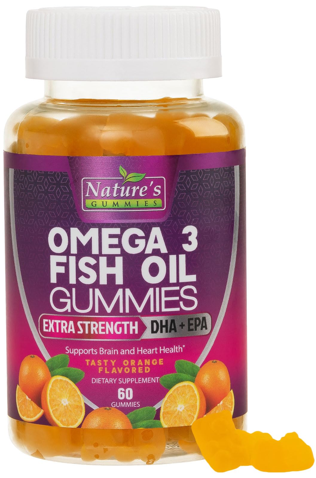 Omega 3 Fish Oil Gummies Extra Strength DHA & EPA - Natural Brain Support and Joint Support, Tasty Gummy Vitamin, Natural Orange Flavor - 60 Gummies