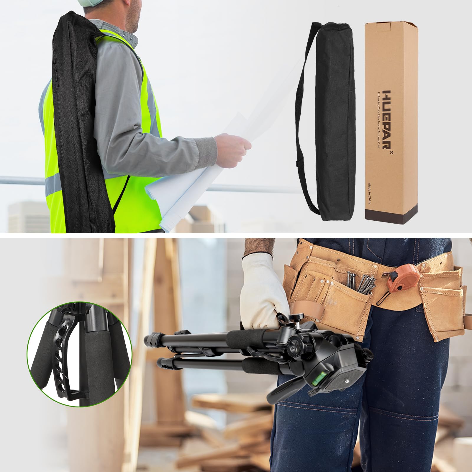 Treppiede in alluminio per livella laser Huepar da 1.72m, livella a bolla integrata, attacco vite da 1/4 di pollice e dado adattatore UNF da 5/8 di pollice, incluso custodia da trasporto