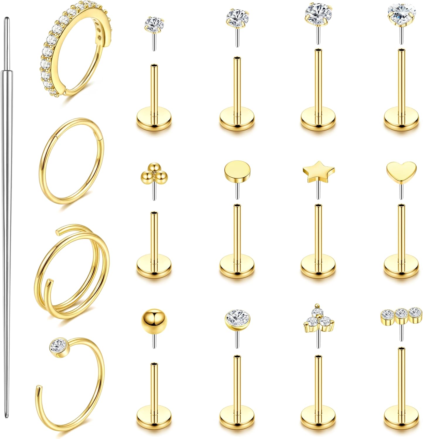 ORAZIO 14K Gold Filled Nose Rings Studs Hoops for Women Men 20G 18G Hypoallergenic Surgical Steel Push in Threadless Flat Back Earrings CZ Helix Tragus Lip Cartilage Medusa Nostril Piercing Jewelry
