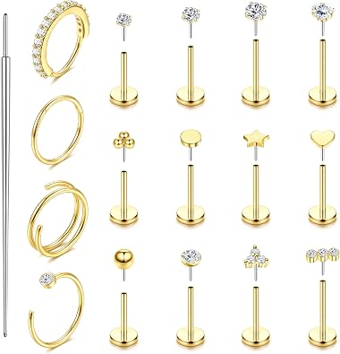 ORAZIO Gold Nose Rings Studs Hoops for Women, Threadless Flat Back Earrings