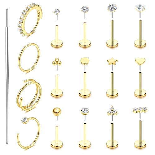 ORAZIO Gold Nose Rings Studs Hoops for Women, Threadless Flat Back Earrings | Hypoallergenic Surgical Steel Nose Piercings, Push in CZ Helix Tragus Conch Cartilage Medusa Lip Nostril Piercing Jewelry