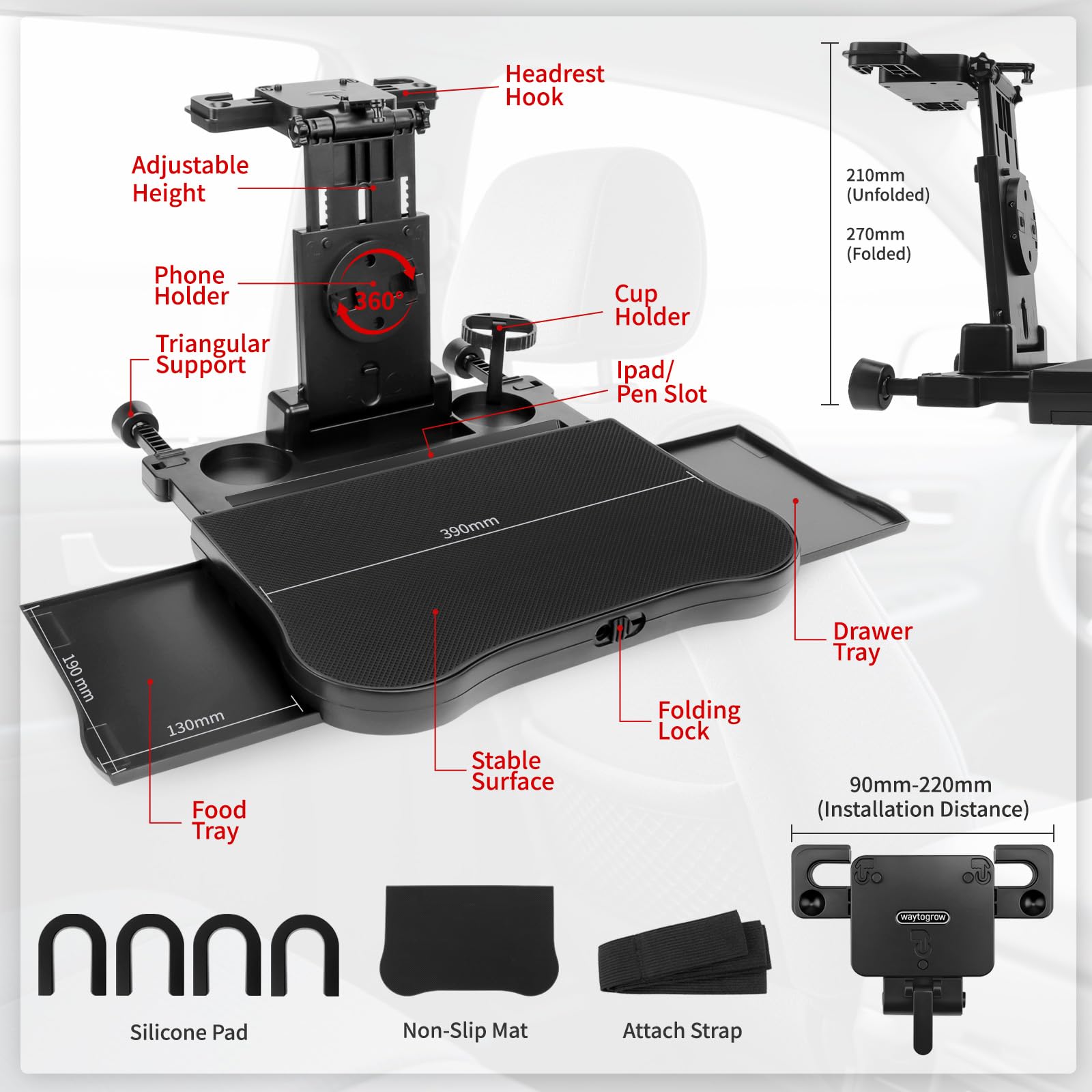 Mesa de Asiento Trasero para Coche, Mesa Portátil para el Asiento del Coche con Portavasos y Soporte para el Móvil, Mesa Multifuncional Plegable, Capacidad de Carga de 15-20 kg