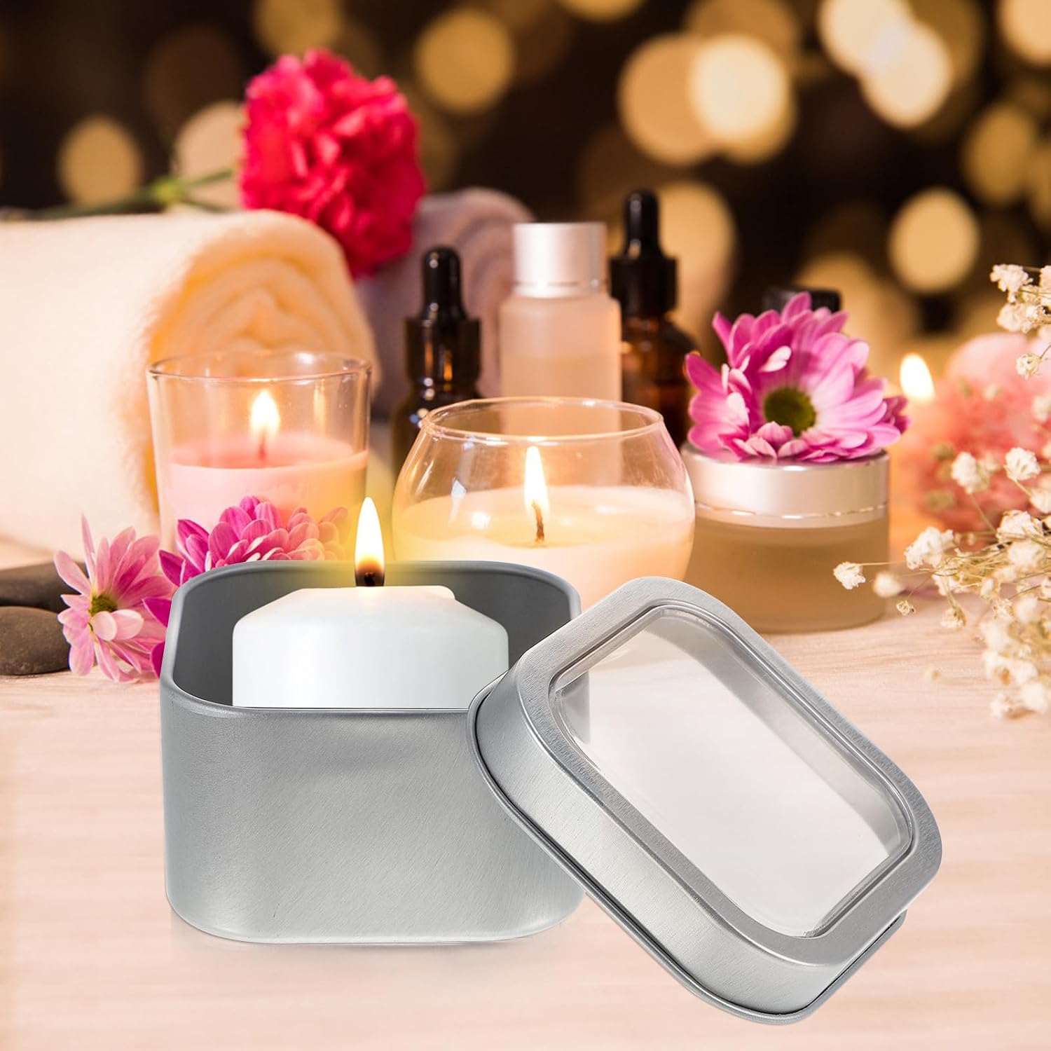 ARTIBETTER 15pcs Square Metal Storage Tin Boxes with Window Lids for Candle Making and Storing DIY Ointments, 4 Ounce Silver Tin Containers, Easy to Clean and Good Sealing
