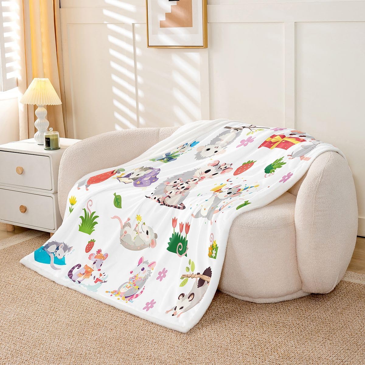 Feelyou Opossum Sherpa Throw Blanket Queen 90"x90" Kids Possum Gifts Plush Blanket for Boy Girls Possums Decor Fleece Throw Blanket Cartoon Possum Stuffed Animal Fuzzy Blanket Room Decor Plush Blanket