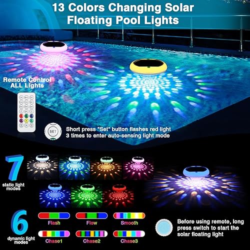 Miniatura 5 de Luces solares flotantes para piscina, luces de piscina recargables por USB que flotan con control remoto, 6.7 pulgadas, 2600 mAh, IP68, luz flotante