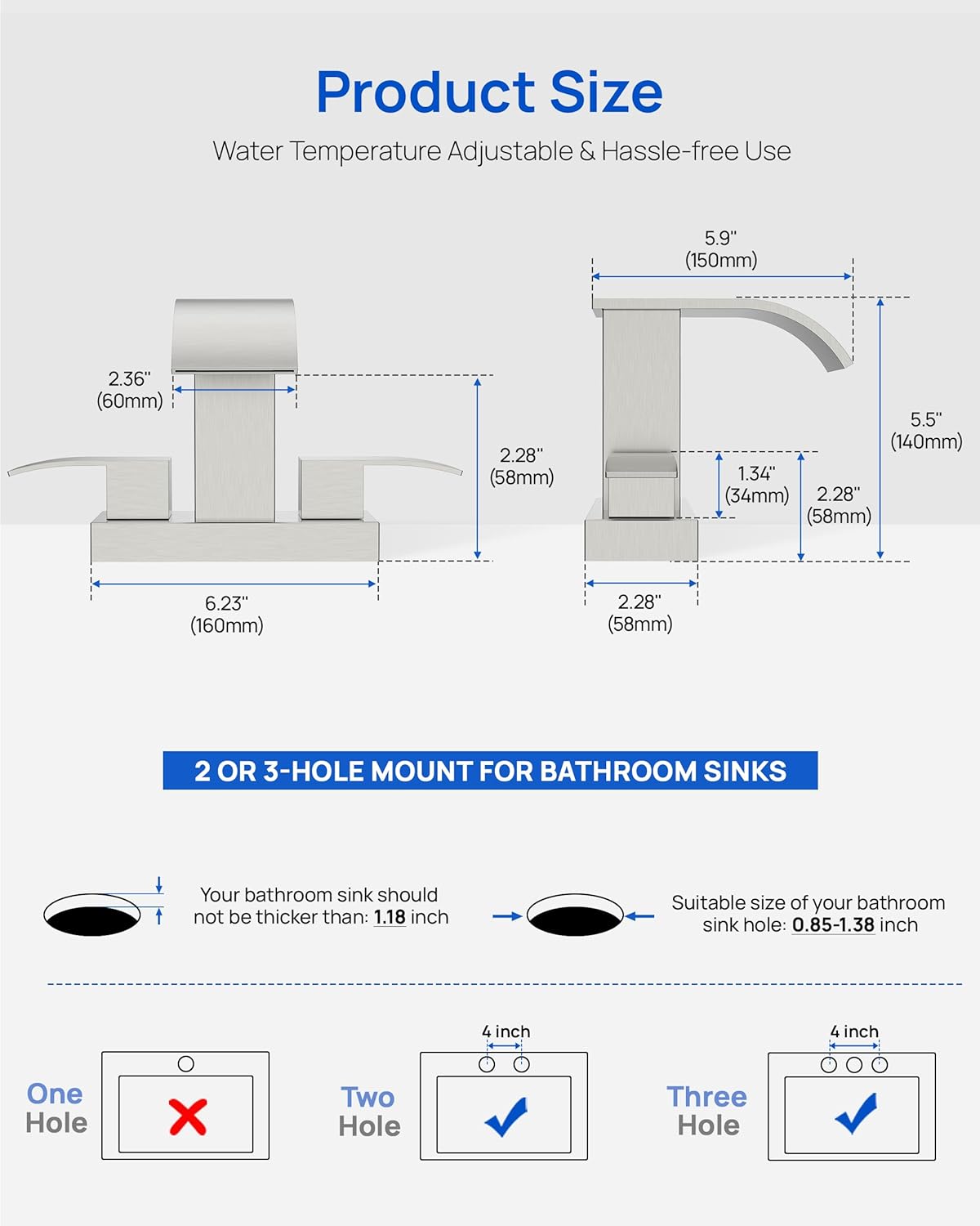 Waterfall Bathroom Sink Faucet Set with Pop Up Drain Stopper & Supply Lines - 4 Inch 2 Handles Centerset Faucet 2 or 3 Hole Lavatory Faucet Bathroom Vanity Mixer Tap Basin Faucets Brushed Nickel