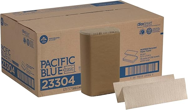 Pacific Blue Basic Recycled Multifold Paper Towels Previously branded Envision by GP PRO Georgia-Pacific, Brown, 23304, 250 Towels Per Pack, 16 Packs Per Case