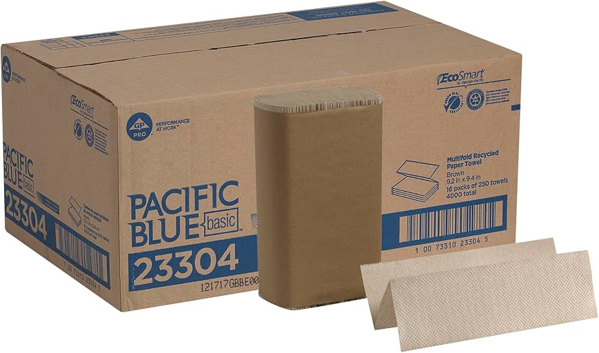 Pacific Blue Basic Recycled Multifold Paper Towels (Previously branded Envision) by GP PRO (Georgia-Pacific), Brown, 23304, 250 Towels Per Pack, 16 Packs Per Case