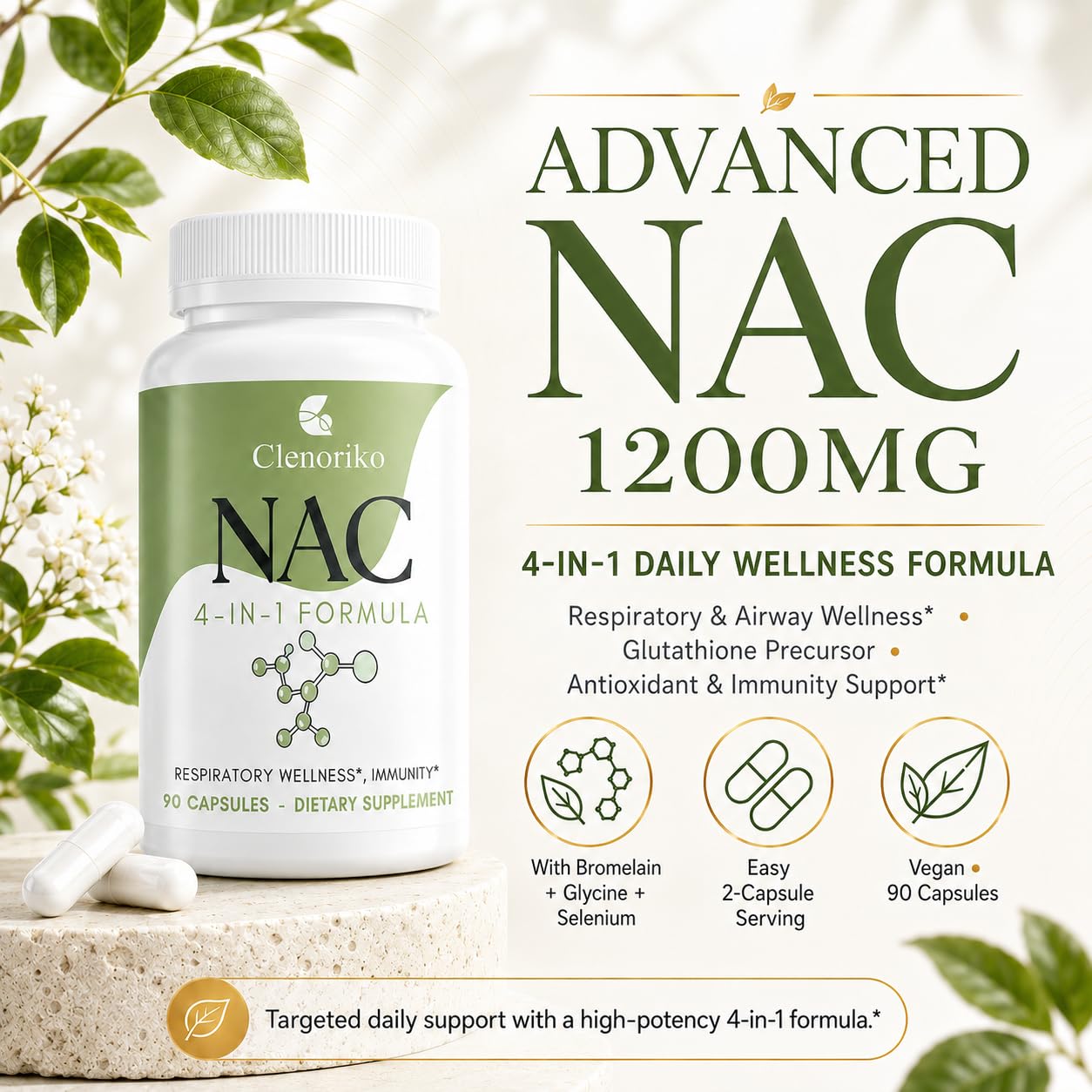 NAC Supplement 1200mg with Bromelain, Glycine & Selenium, 4-in-1 NAC Supplement N-Acetyl Cysteine for Respiratory & Airway Wellness, Glutathione Precursor, Antioxidant & Immunity*, 90 Caps — Amazon image 2