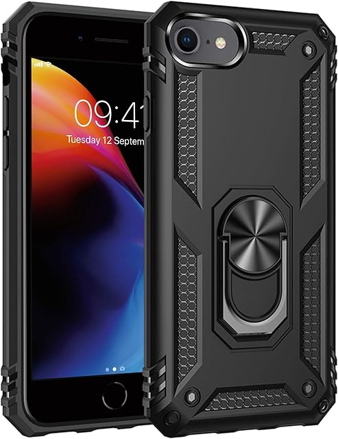 ULAK iPhone SE 2022 Case Shockproof, iPhone 8 Case with Ring Holder, iPhone 7 Protective Case with Stand, Soft TPU Bumper Heavy Duty Phone Cover for iPhone SE 2020 / iPhone 8 / iPhone 7 4.7 inch,Black